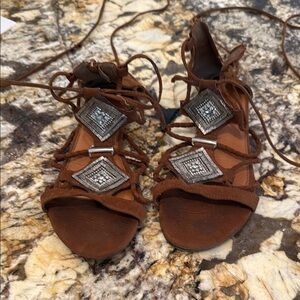 Qupid Brown Silver Sandals with Crisscross Design